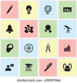 Set Of 16 Editable University Icons. Includes Symbols Such As Graph, Schoolbag, Victory Medallion And More. Can Be Used For Web, Mobile, UI And Infographic Design.