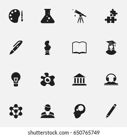 Set Of 16 Editable University Icons. Includes Symbols Such As Binoculars, Pencil, Graduated Female And More. Can Be Used For Web, Mobile, UI And Infographic Design.
