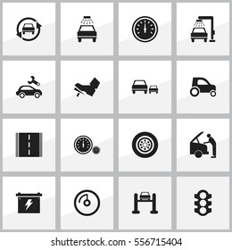Set Of 16 Editable Vehicle Icons. Includes Symbols Such As Battery, Treadle, Tuning Auto And More. Can Be Used For Web, Mobile, UI And Infographic Design.