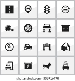 Set Of 16 Editable Vehicle Icons. Includes Symbols Such As Tuning Auto, Battery, Car Fixing And More. Can Be Used For Web, Mobile, UI And Infographic Design.