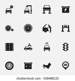 Set Of 16 Editable Vehicle Icons. Includes Symbols Such As Speed Control, Auto Service, Pointer And More. Can Be Used For Web, Mobile, UI And Infographic Design.