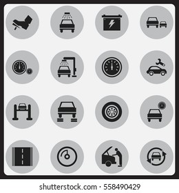 Set Of 16 Editable Vehicle Icons. Includes Symbols Such As Race, Vehicle Wash, Automotive Fix And More. Can Be Used For Web, Mobile, UI And Infographic Design.