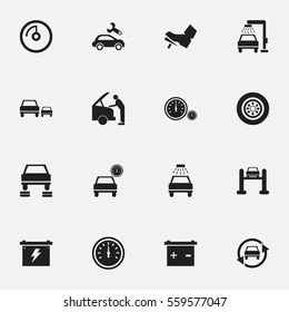 Set Of 16 Editable Vehicle Icons. Includes Symbols Such As Battery, Speed Control, Speed Display And More. Can Be Used For Web, Mobile, UI And Infographic Design.