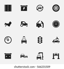 Set Of 16 Editable Vehicle Icons. Includes Symbols Such As Speed Control, Car Lave, Tuning Auto And More. Can Be Used For Web, Mobile, UI And Infographic Design.