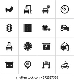 Set Of 16 Editable Vehicle Icons. Includes Symbols Such As Battery, Stoplight, Speedometer And More. Can Be Used For Web, Mobile, UI And Infographic Design.
