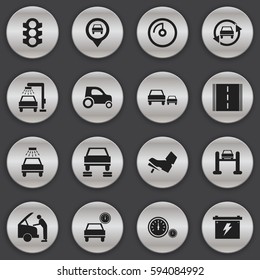 Set Of 16 Editable Vehicle Icons. Includes Symbols Such As Auto Service, Vehicle Car, Treadle And More. Can Be Used For Web, Mobile, UI And Infographic Design.