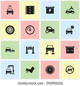 Set Of 16 Editable Vehicle Icons. Includes Symbols Such As Auto Service, Speed Display, Race And More. Can Be Used For Web, Mobile, UI And Infographic Design.