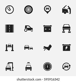 Set Of 16 Editable Vehicle Icons. Includes Symbols Such As Vehicle Car, Auto Repair, Treadle And More. Can Be Used For Web, Mobile, UI And Infographic Design.