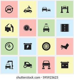 Set Of 16 Editable Vehicle Icons. Includes Symbols Such As Automotive Fix, Auto Service, Car Lave And More. Can Be Used For Web, Mobile, UI And Infographic Design.