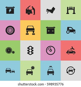 Set Of 16 Editable Vehicle Icons. Includes Symbols Such As Treadle, Auto Repair, Speed Display And More. Can Be Used For Web, Mobile, UI And Infographic Design.