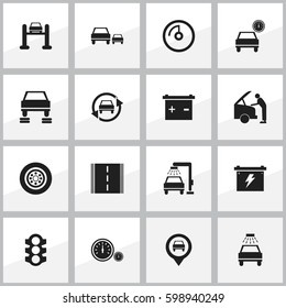 Set Of 16 Editable Vehicle Icons. Includes Symbols Such As Vehicle Wash, Tuning Auto, Accumulator And More. Can Be Used For Web, Mobile, UI And Infographic Design.