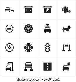 Set Of 16 Editable Vehicle Icons. Includes Symbols Such As Highway, Auto Repair, Battery And More. Can Be Used For Web, Mobile, UI And Infographic Design.