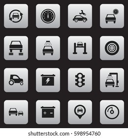 Set Of 16 Editable Vehicle Icons. Includes Symbols Such As Automobile, Vehicle Wash, Speed Display And More. Can Be Used For Web, Mobile, UI And Infographic Design.