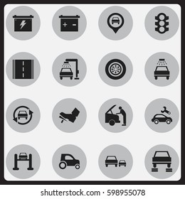 Set Of 16 Editable Vehicle Icons. Includes Symbols Such As Auto Service, Accumulator, Automotive Fix And More. Can Be Used For Web, Mobile, UI And Infographic Design.