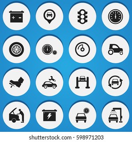 Set Of 16 Editable Vehicle Icons. Includes Symbols Such As Vehicle Car, Speed Control, Battery And More. Can Be Used For Web, Mobile, UI And Infographic Design.