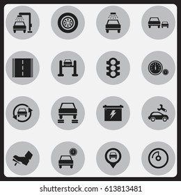 Set Of 16 Editable Vehicle Icons. Includes Symbols Such As Auto Service, Car Lave, Tire And More. Can Be Used For Web, Mobile, UI And Infographic Design.