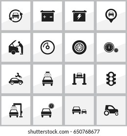 Set Of 16 Editable Vehicle Icons. Includes Symbols Such As Vehicle Wash, Race, Auto Service And More. Can Be Used For Web, Mobile, UI And Infographic Design.