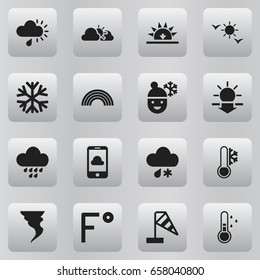 Set Of 16 Editable Weather Icons. Includes Symbols Such As Boy In Winter, Rainstorm, Frostbite And More. Can Be Used For Web, Mobile, UI And Infographic Design.
