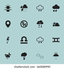 Set Of 16 Editable Weather Icons. Includes Symbols Such As Drizzle, Winter Parasol, Precipitation And More. Can Be Used For Web, Mobile, UI And Infographic Design.