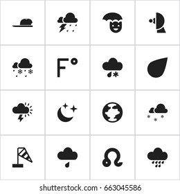 Set Of 16 Editable Weather Icons. Includes Symbols Such As Electrical Discharge, Happy Man, Frostiness And More. Can Be Used For Web, Mobile, UI And Infographic Design.