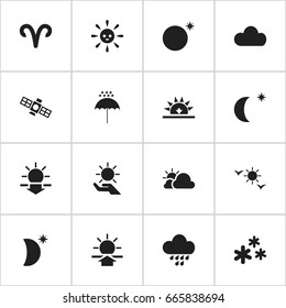 Set Of 16 Editable Weather Icons. Includes Symbols Such As Crescent With Star, Winter Parasol, Sunup And More. Can Be Used For Web, Mobile, UI And Infographic Design.