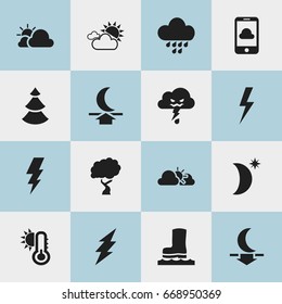Set Of 16 Editable Weather Icons. Includes Symbols Such As Lightning, Waterproof Shoes, Sunset And More. Can Be Used For Web, Mobile, UI And Infographic Design.