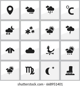 Set Of 16 Editable Weather Icons. Includes Symbols Such As Coat, Virgin, Lightning And More. Can Be Used For Web, Mobile, UI And Infographic Design.