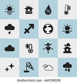 Set Of 16 Editable Weather Icons. Includes Symbols Such As Hot, Home, Archer And More. Can Be Used For Web, Mobile, UI And Infographic Design.
