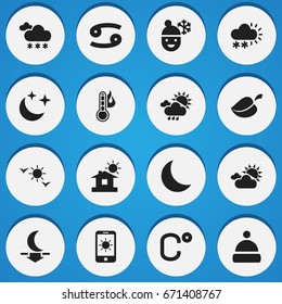Set Of 16 Editable Weather Icons. Includes Symbols Such As Summer Rain, House, Clouded Sunshine And More. Can Be Used For Web, Mobile, UI And Infographic Design.