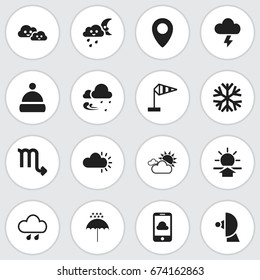 Set Of 16 Editable Weather Icons. Includes Symbols Such As Tempest, Clouded, Stormy And More. Can Be Used For Web, Mobile, UI And Infographic Design.