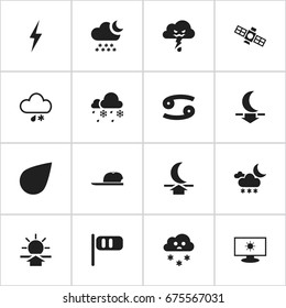 Set Of 16 Editable Weather Icons. Includes Symbols Such As Monitor, Moon Up And More. Can Be Used For Web, Mobile, UI And Infographic Design.
