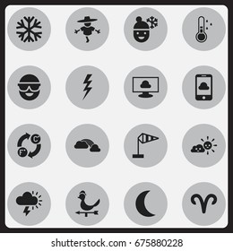 Set Of 16 Editable Weather Icons. Includes Symbols Such As Thunderstroke, Breeze Vane, Frostbite And More. Can Be Used For Web, Mobile, UI And Infographic Design.