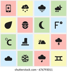 Set Of 16 Editable Weather Icons. Includes Symbols Such As Frostbite, Sky, Drip And More. Can Be Used For Web, Mobile, UI And Infographic Design.