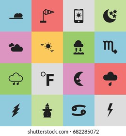 Set Of 16 Editable Weather Icons. Includes Symbols Such As Temperature Scale, Sun In Display, Rainy Cloud And More. Can Be Used For Web, Mobile, UI And Infographic Design.