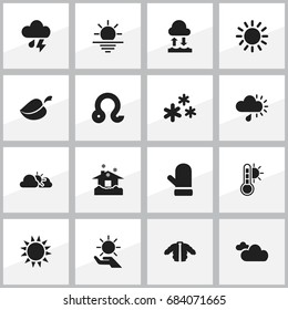 Set Of 16 Editable Weather Icons. Includes Symbols Such As Thermometer, Evaporation Condensation, Drizzle And More. Can Be Used For Web, Mobile, UI And Infographic Design.