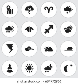 Set Of 16 Editable Weather Icons. Includes Symbols Such As Snow Granule, Coat, Pin And More. Can Be Used For Web, Mobile, UI And Infographic Design.