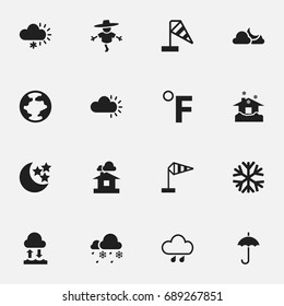 Set Of 16 Editable Weather Icons. Includes Symbols Such As Skyless, World, Frosty And More. Can Be Used For Web, Mobile, UI And Infographic Design.
