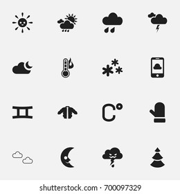 Set Of 16 Editable Weather Icons. Includes Symbols Such As Deluge, Coat, Smile Lunar And More. Can Be Used For Web, Mobile, UI And Infographic Design.