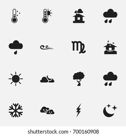 Set Of 16 Editable Weather Icons. Includes Symbols Such As Warm, Frostbite, Shelter And More. Can Be Used For Web, Mobile, UI And Infographic Design.