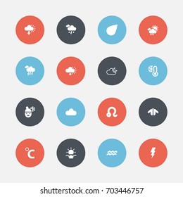 Set Of 16 Editable Weather Icons. Includes Symbols Such As Frost Temperature, Electricity, Celestial And More. Can Be Used For Web, Mobile, UI And Infographic Design.