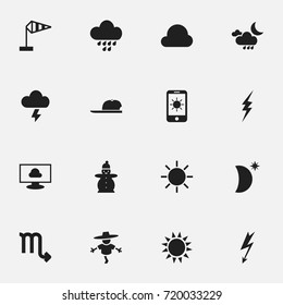 Set Of 16 Editable Weather Icons. Includes Symbols Such As Snow Person, Crescent With Star, Hat And More. Can Be Used For Web, Mobile, UI And Infographic Design.