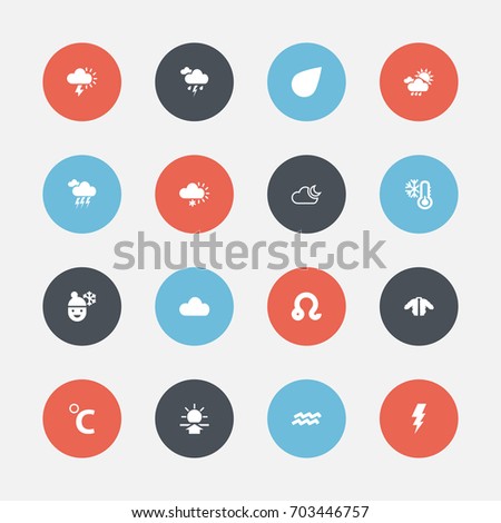 Set Of 16 Editable Weather Icons. Includes Symbols Such As Frost Temperature, Electricity, Celestial And More. Can Be Used For Web, Mobile, UI And Infographic Design.