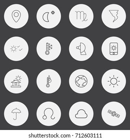 Set Of 16 Editable Weather Outline Icons. Includes Symbols Such As Satellite, Tornado, Cloud And More. Can Be Used For Web, Mobile, UI And Infographic Design.