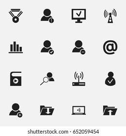 Set Of 16 Editable Web Icons. Includes Symbols Such As Magnifier, Song List, Medal And More. Can Be Used For Web, Mobile, UI And Infographic Design.
