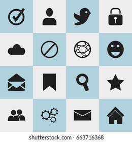 Set Of 16 Editable Web Icons. Includes Symbols Such As Emoji, Security, Sky And More. Can Be Used For Web, Mobile, UI And Infographic Design.