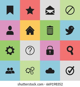 Set Of 16 Editable Web Icons. Includes Symbols Such As Home, Settings, Deny And More. Can Be Used For Web, Mobile, UI And Infographic Design.