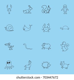 Set Of 16 Editable Zoo Doodles. Includes Symbols Such As Polar Bird, Tortoise, Rabbit And More. Can Be Used For Web, Mobile, UI And Infographic Design.