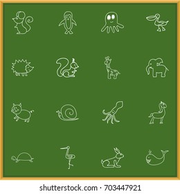Set Of 16 Editable Zoo Doodles. Includes Symbols Such As Pelican, Tall Animal, Urchin And More. Can Be Used For Web, Mobile, UI And Infographic Design.