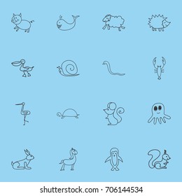 Set Of 16 Editable Zoo Doodles. Includes Symbols Such As Rabbit, Ewe, Rat And More. Can Be Used For Web, Mobile, UI And Infographic Design.