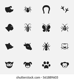Set Of 16 Editable Zoo Icons. Includes Symbols Such As Forepaw, Moth, Footprint And More. Can Be Used For Web, Mobile, UI And Infographic Design.